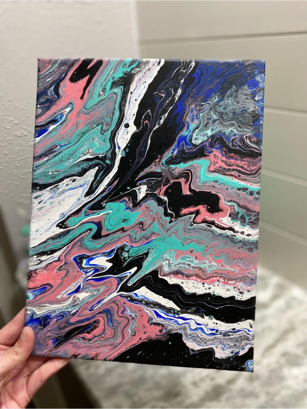 Abstract Canvas Art with Pink, Teal, and Black Swirls